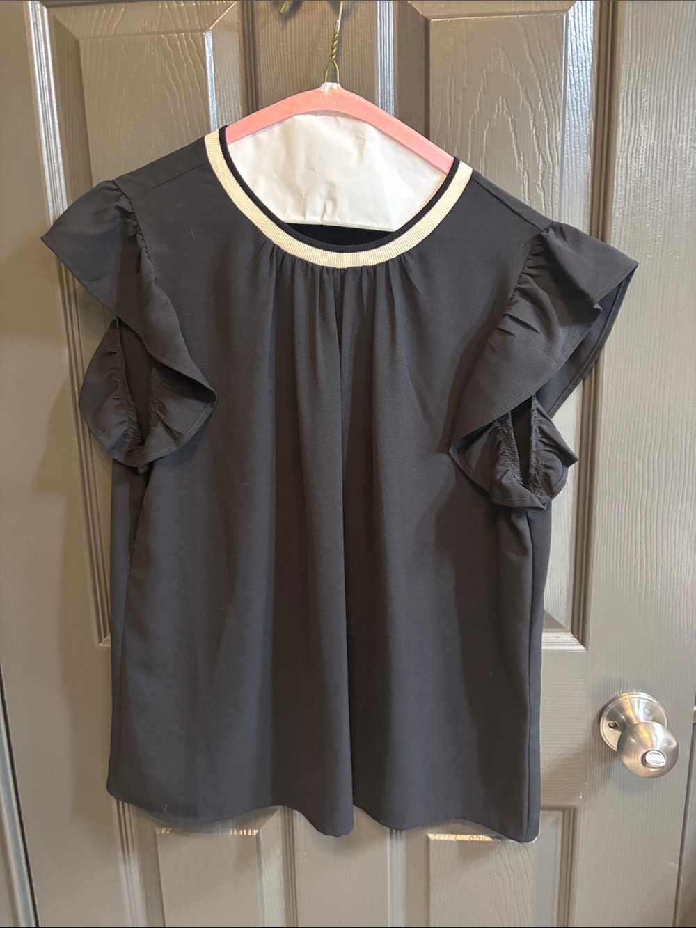 THML Black Ruffle Sleeve Top with Cream Trim